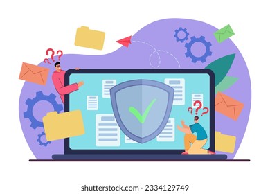 Tiny hackers in masks and protected laptop vector illustration. Cartoon drawing of huge computer with shield on screen, security or safety of data. Cybersecurity, technology, protection concept