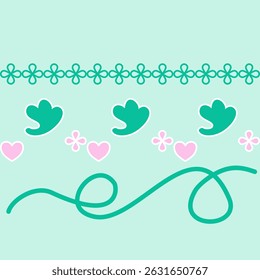 Tiny Hand Drawn Florals Green on Green with Pink Hearts Flowers Cute Decoration and whimsical leaf motifs creating a cheerful and romantic vibe for diary stationery bedding creative craft sticky note