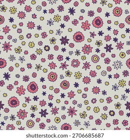 Pequenas flores desenhadas à mão espalhadas por um fundo macio como um padrão vetorial sem costura ideal para tecido e design de envoltório.