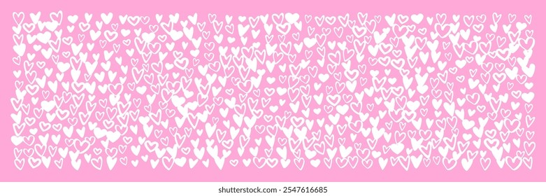 Pequeño dibujado a mano corazones desiguales fondo de texto alargado, forma de Anuncio rectángulo, encabezado. Marcador de doodle lindo dibujado diferente patrón de Formas Pequeñas del corazón. Día de San Valentín Plantilla blanca rosa.