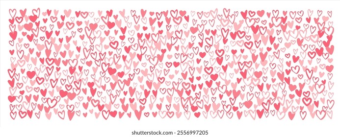 Tiny hand drawn uneven hearts elongated text background, rectangle banner shape, header. Cute doodle marker drawn different small heart shapes pattern. Valentines' Day tricolor template.