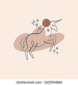Tiny handdrawn line style logo or icon symbol of magical unicorn. Good for kids design, beauty industry, wedding postcards. Vector illustration. Clipart image.
