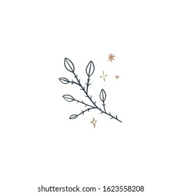 Tiny handdrawn line style logo or icon symbol of leaf branch. Good for fashion theme, nature care, beauty industry, wedding postcards. Vector illustration. Clipart image.
