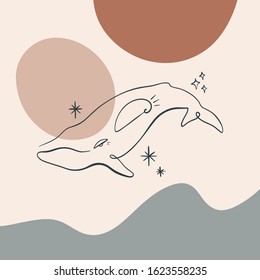 Tiny handdrawn line style logo or icon symbol of magical whale. Good for kids design, beauty industry, wedding postcards. Vector illustration. Clipart image.