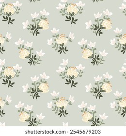 Tiny handful of flower bouquets placed in one direction. Yellow and white flowers with green leaves on print green background. A seamless vector pattern. Great for home decor, fabric, wallpaper, gifts