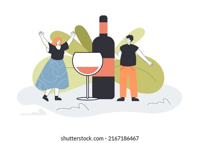 Tiny happy couple standing near bottle and glass with red wine. Man and woman drinking alcohol together flat vector illustration. Date, bar concept for banner, website design or landing web page