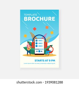 Tiny happy man listening online concert at home. Guitar, headphone, phone flat vector illustration. Entertainment and digital technology concept for banner, website design or landing web page