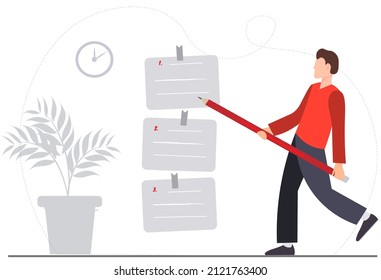 Tiny happy man or student with pencil writting notes, searching information or planinng, education concept, time management concept, flat vector illustration