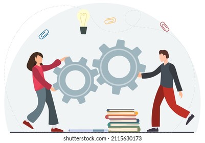 Winzige glückliche Männer und Frauen, die Ideen erzeugen und Zahnräder halten, Teamwork-Konzept, Ideenmanagement, flache Vektorgrafik