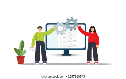 Pequeño hombre y mujer feliz generando ideas y engranajes, concepto de trabajo en equipo, gestión de ideas, ilustración vectorial plana