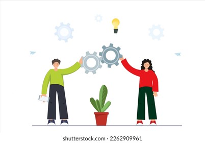 Tiny happy man and woman generating ideas and holding gears, teamwork concept, idea management, flat vector illustration