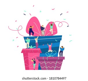 Tiny Happy People Different Age And Ethnicity Dancing On Big Present Boxes. Anniversary Party Concept. Flat Vector Illustration.