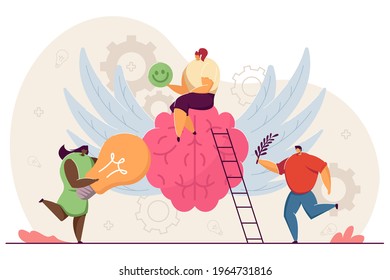 Tiny happy people with healthy mind. Cartoon character sitting on brain, positive vision flat vector illustration. Health improvement, philosophy concept for banner, website design or landing web page