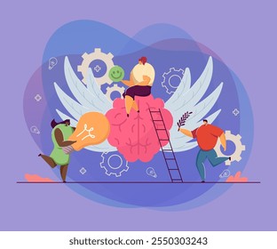 Tiny happy people with healthy mind. Cartoon character sitting on brain, positive vision flat vector illustration. Health improvement, philosophy concept for banner, website design or landing web page