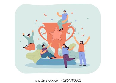 Tiny happy winners near big golden cup flat vector illustration. Cartoon team of champions winning award and celebrating victory. Mission success and teamwork concept