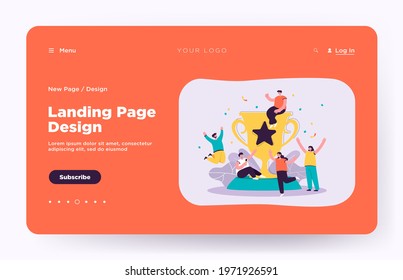 Tiny happy winners near big golden cup flat vector illustration. Cartoon team of champions winning award and celebrating victory. Mission success and teamwork concept