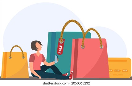 Tiny happy woman sitting near shopping bags with mobile phone in the hands, online shopping concept, using devices concept, flat vector illustration