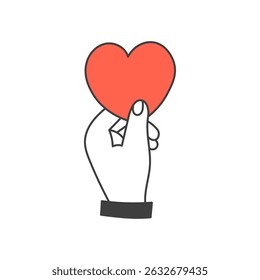 Tiny Heart in Fingers Icon. Minimal Hand Gesture holding small red Love symbol. Tenderness Care Gratitude Appreciation Vector illustration Doodle