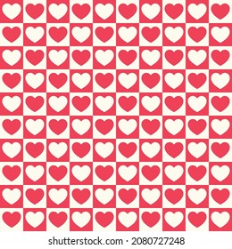 Tiny hearts chess grid seamless pattern. Cute little repeating hearts vector illustration. Love and relationship, valentine day. Print for fabric, paper, packaging, stationery.