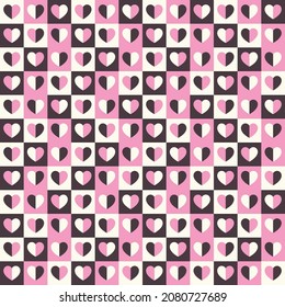 Tiny hearts chess grid seamless pattern. Cute little repeating hearts vector illustration. Love and relationship, valentine day. Print for fabric, paper, packaging, stationery.