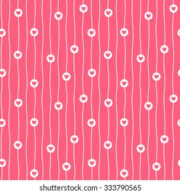 Tiny hearts, circles and wavy stripes valentine seamless pattern. Simple hearts background with white uneven bars endless texture. Flat design. Red backdrop.