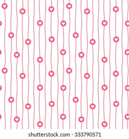 Tiny hearts, circles and wavy stripes valentine seamless pattern. Simple hearts background with white uneven bars endless texture. Flat design. Red backdrop.