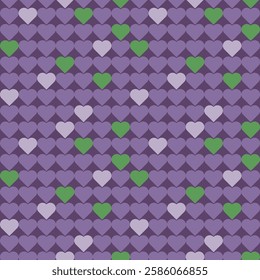 Tiny hearts grid seamless pattern. Cute little repeating hearts vector illustration. Spring purple and green Mardi Gras colors. Geometry Print for fabric, paper, packaging, stationery.