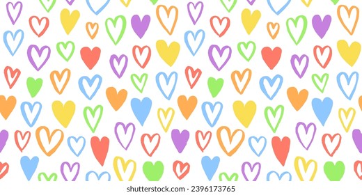 Сute tiny hearts seamless repeat vector pattern. Valentine's day, lgbt rainbow, gay pride template, diversity bright colorful background. Hand drawn uneven doodle heart shapes chaotic decoration.