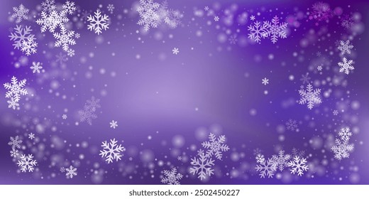 Tiny heavy snow flakes design. Winter dust ice granules. Snowfall weather white purple pattern. Scattered snowflakes february texture. Snow cold season landscape.