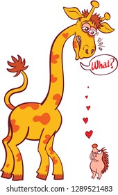 Tiny hedgehog making a bold declaration of love to a tall giraffe. The giraffe feels surprised and scared and exclaims "What?" in a speech bubble. Red hearts try to reach the giraffe's ears