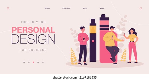 Tiny hipsters smoking alternative electronic cigarettes. Persons holding vaporizers and vaping flat vector illustration. Vape shop, lifestyle concept for banner, website design or landing web page