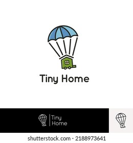 Tiny Home Air Balloon. Tiny House Trailer. Real Estate Logo Vector
