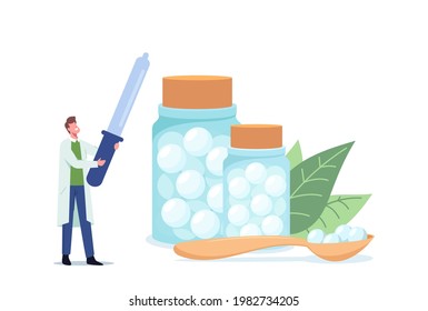 Tiny Homeopathist Doctor Character with Huge Dropper stand near Glass Bottles with Homeopathy Medications for Homepathic Treatment in Clinic, Hospital Healthcare. Cartoon People Vector Illustration