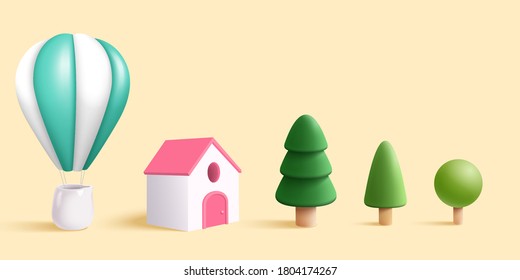 Tiny hot air balloon, house and set of trees in 3D illustration design elements over beige background