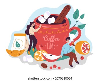 Tiny hot drink. Large cup hot chocolate with cinnamon and marshmallows, small cappuccino lovers, morning spicy espresso, tea and croissant, people in cafe drinking beverages vector concept