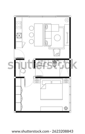 Tiny House or Apartment Floor Plan, Furniture Layout with Living, Dining, Kitchen, and Bedrooms. Vector Lines Black on White Background. 8