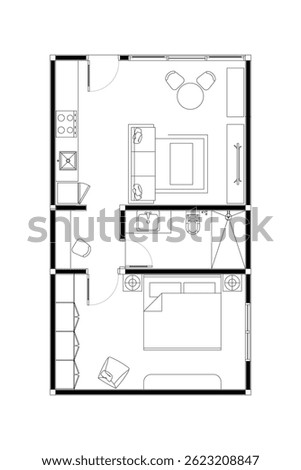 Tiny House or Apartment Floor Plan, Furniture Layout with Living, Dining, Kitchen, and Bedrooms. Vector Lines Black on White Background. 6