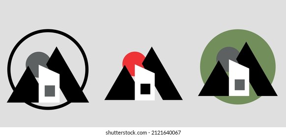 Tiny House With Black Mountain Silhouettes And Sun. Vector Illustration Logo Of Minimalist Home In Nature. Real Estate, Immo	
