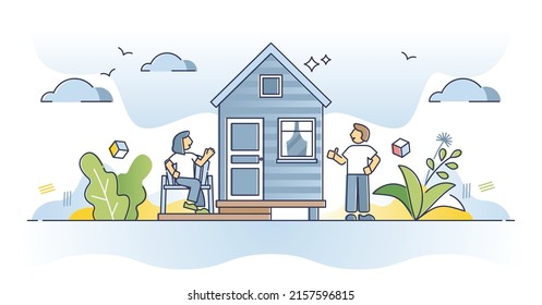 Tiny house building as small and compact home property outline concept. Camping with little real estate as living container vector illustration. Remote lifestyle with portable mini forest cottage.