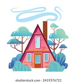 Tiny house with chimney and pitched roof in the forest. Stylized turquoise and purple colors