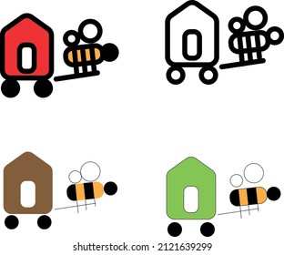 Tiny house company logo with bee. Small bee carries litte tiny eco house. Real Estate. Flat vector company illustration logo, icon. Insect hotel