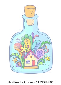 A tiny house with fantastic plants inside a glass bottle.  illustration at cartoon style isolated on white background