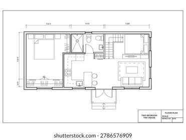 Tiny House floor plan Cad drawing with furniture layout.Two Bed room Floorplan design. 