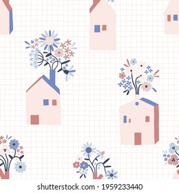 Tiny house with floral bouquet in chimney vector seamless pattern. Hygge Scandinavian folksy daisy flower homely building checkered background. Decorative graphics