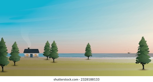 Tiny house in grass field at the edge of cliffs have fishing boat in the sea and dramatic sky behind vector illustration. Seascape concept with blank space flat design.
