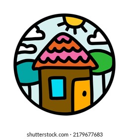 Tiny House Hand Drawn Vector Logo Icon In Cartoon Doodle Style Forest Trees Sky Sun
