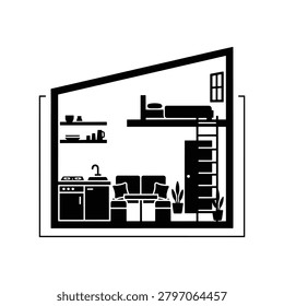 Tiny house interior silhouette icon for compact living
