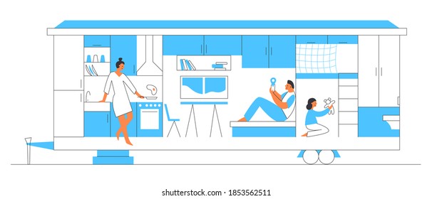 Tiny House With Kitchen, Bedroom, Living Room. Small Home For Family. Happy People In Compact Space Concept. Vector Flat Hand Drawn Illustration. Design For Web Sites, Cards, Posters, Advert.