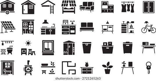 Tiny house living and interior design icon set. Containing loft beds, compact kitchens, solar panels, storage furniture, floor plans, wood stoves, and minimalist home symbols.