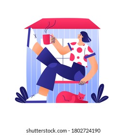 Tiny house living . Small house for young  woman and cat. Happy people in compact space concept. 
Vector flat hand drawn illustration.  Design for web sites, cards, posters, advert, t-shirts.